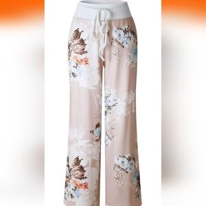Amazon Cream and Brown Floral Wide Leg Pants